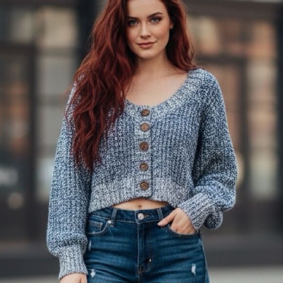 Revolve Majorelle Cardigan Cropped Scoop Chunky Knit Blue Sweater S - Picture 1 of 9